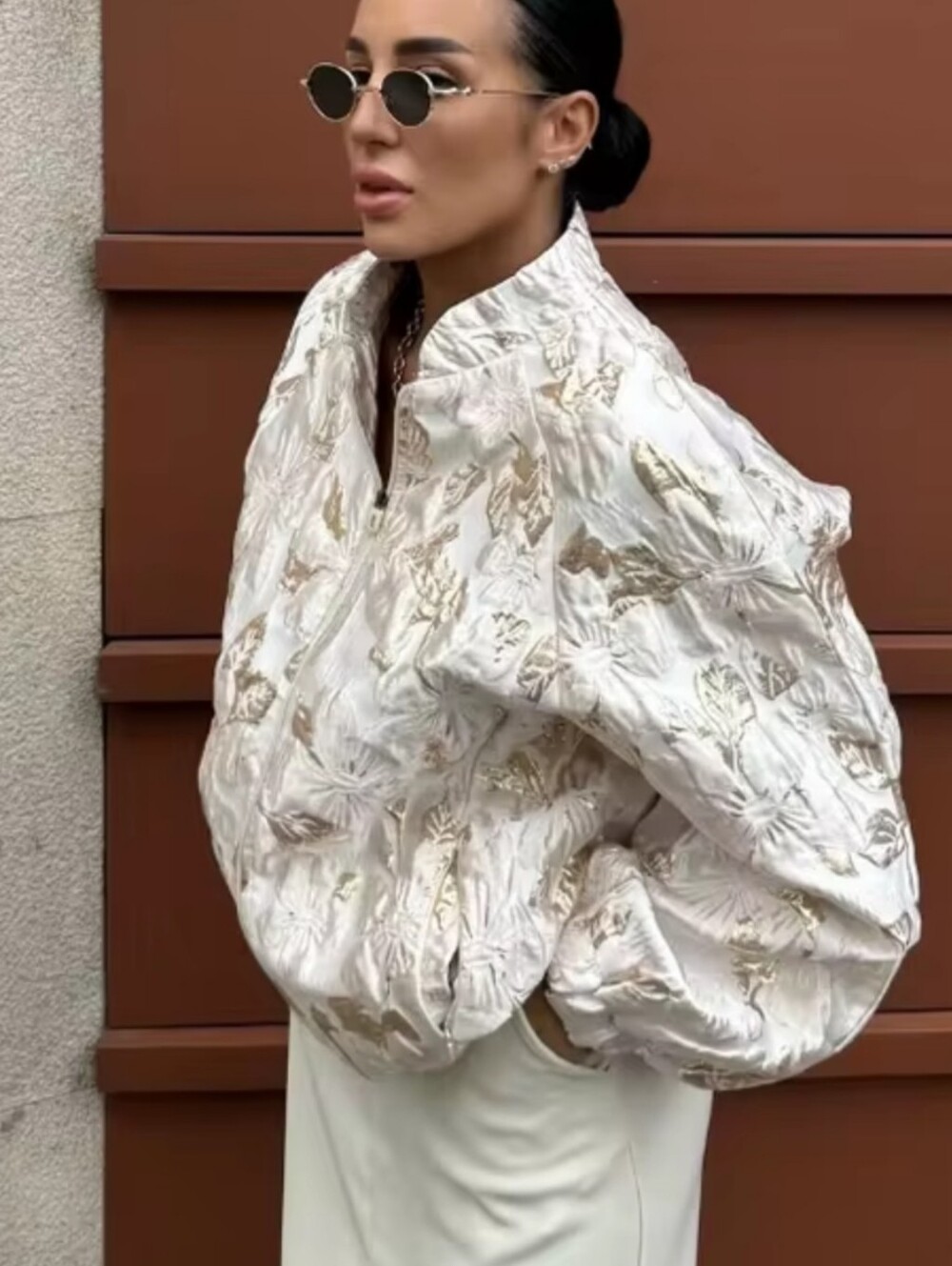 Cream Metallic Floral Quilted Bomber Jacket